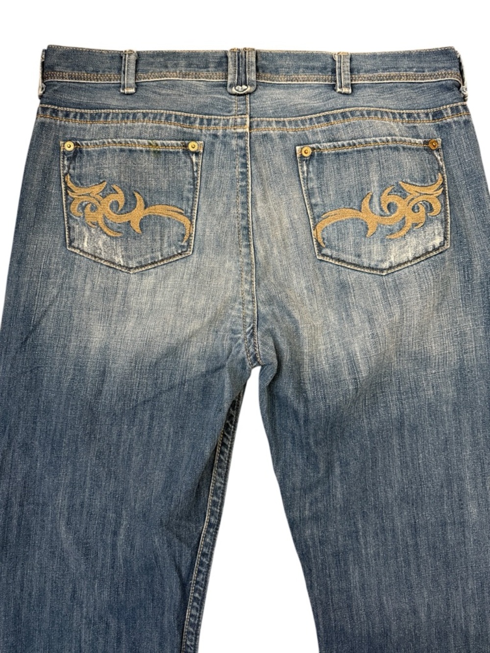 DKNY Jeans 38x29 Y2K Distressed Fade Tribal Embroidered Pocket Blue Denim